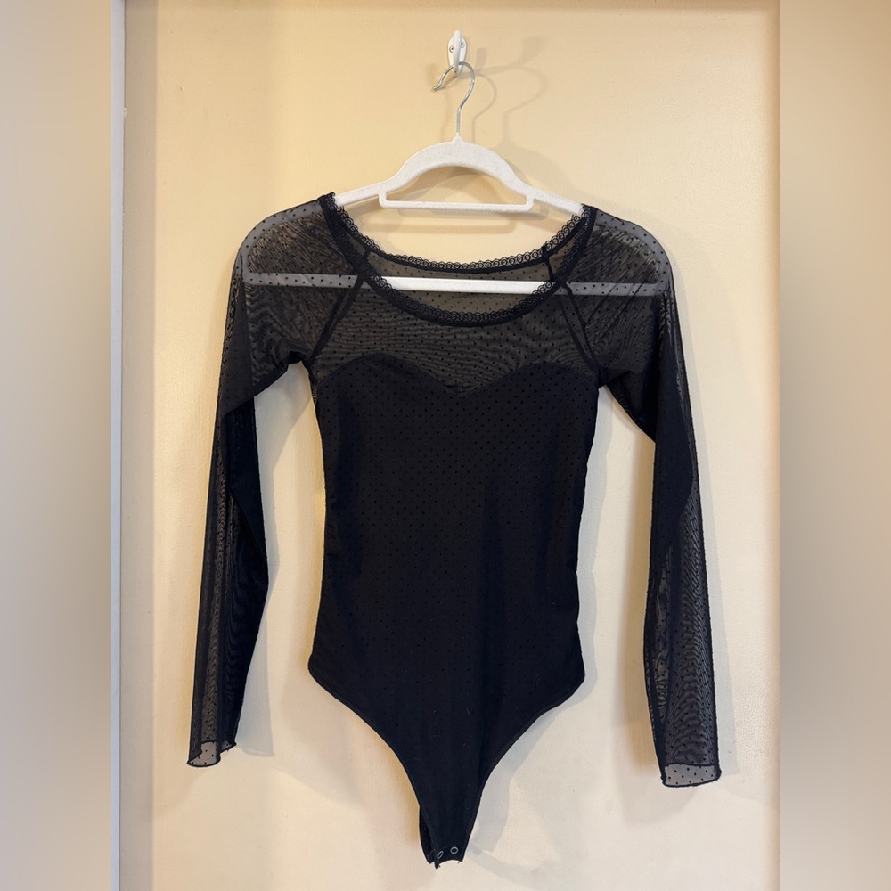 Princess Polly Black Sheer Polka Dot Long Sleeve Bodysuit